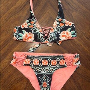 Coral and Black Floral Lace-Up Medium Bikini Set